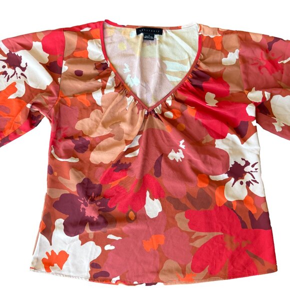 NWOT Sanctuary V-Neck Balloon Sleeve Tunic Top Size S Orange Brown Floral - Picture 5 of 6